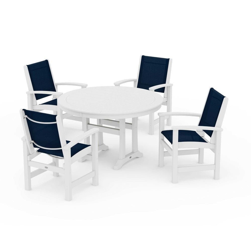 POLYWOOD® Outdoor Furniture White / Navy Blue Sling POLYWOOD® - Coastal 5-Piece Round Dining Set with Trestle Legs - PWS1119