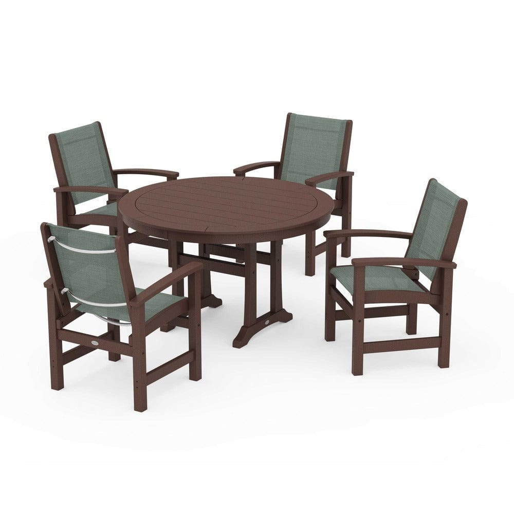 POLYWOOD® Outdoor Furniture Mahogany / Dupioni Sea Mist Sling POLYWOOD® - Coastal 5-Piece Round Dining Set with Trestle Legs - PWS1119