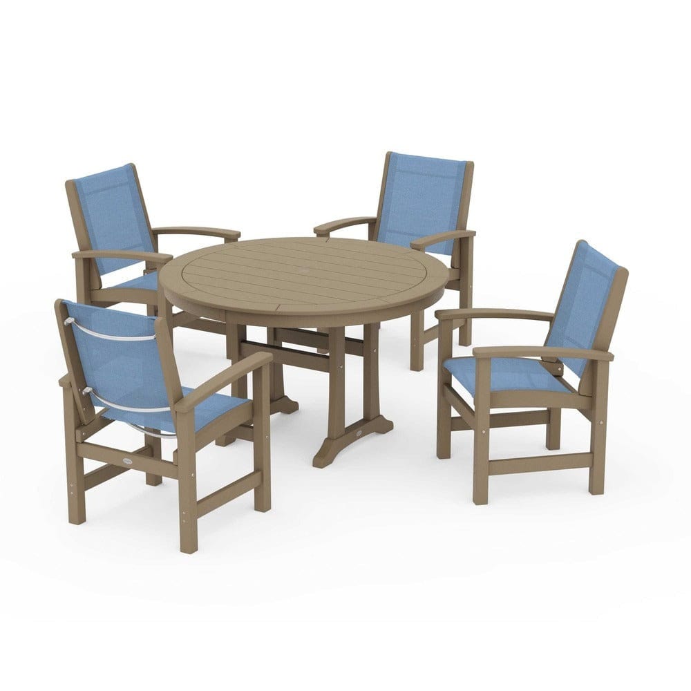 POLYWOOD® Outdoor Furniture Vintage Sahara / Poolside Sling POLYWOOD® - Coastal 5-Piece Round Dining Set with Trestle Legs - PWS1119