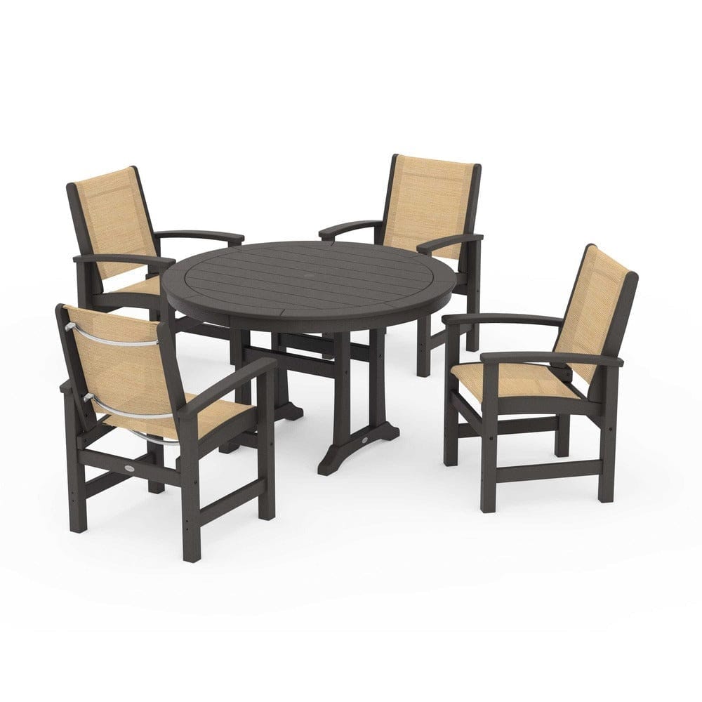 POLYWOOD® Outdoor Furniture Vintage Coffee / Dupioni Apricot Sling POLYWOOD® - Coastal 5-Piece Round Dining Set with Trestle Legs - PWS1119