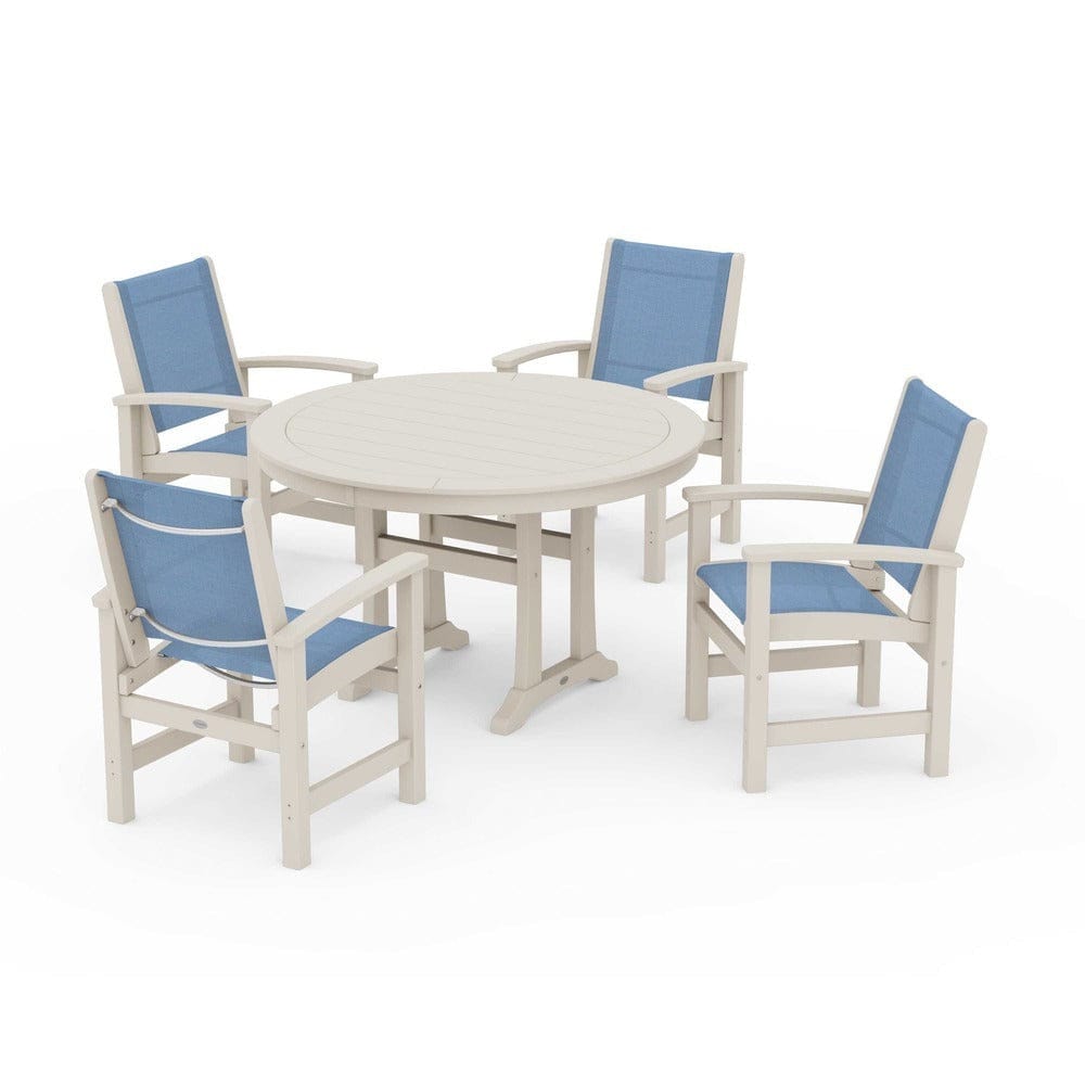POLYWOOD® Outdoor Furniture Sand / Poolside Sling POLYWOOD® - Coastal 5-Piece Round Dining Set with Trestle Legs - PWS1119