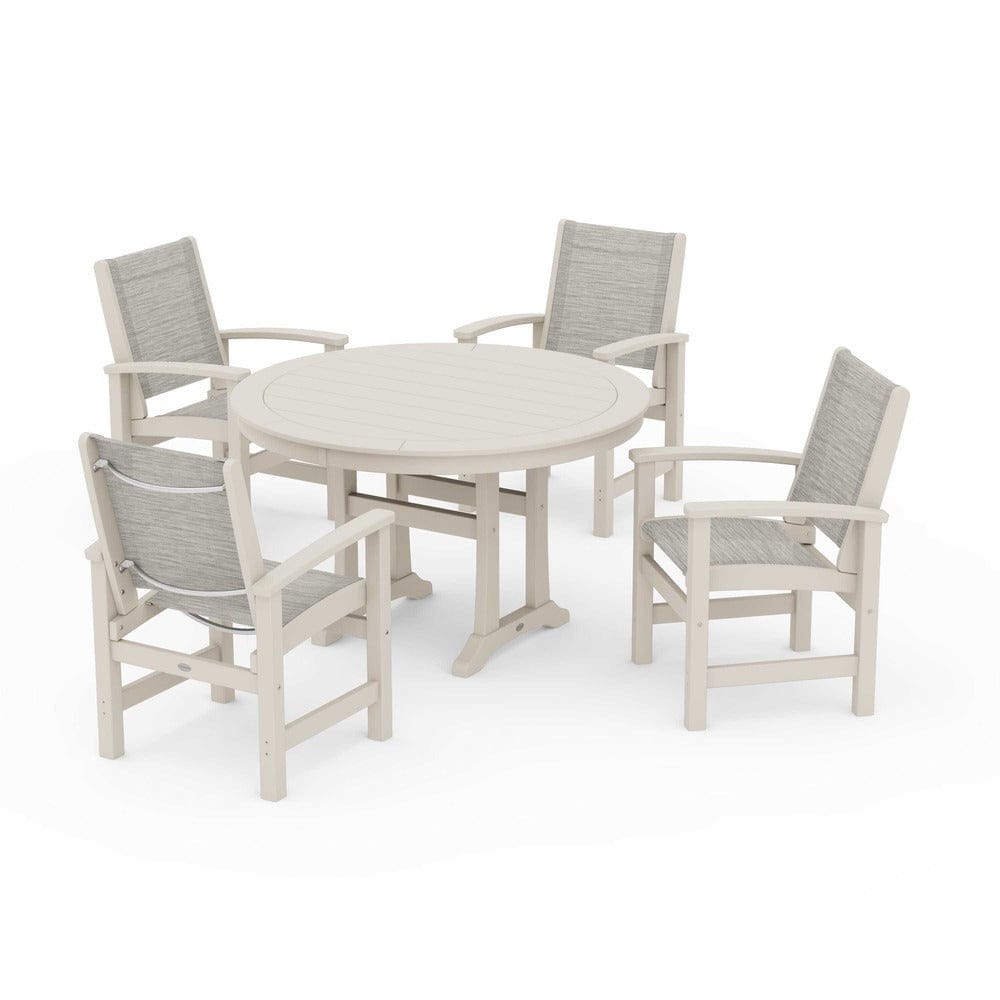 POLYWOOD® Outdoor Furniture Sand / Birch Sling POLYWOOD® - Coastal 5-Piece Round Dining Set with Trestle Legs - PWS1119