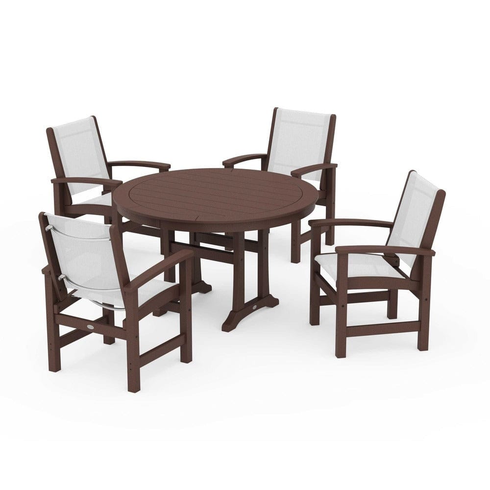 POLYWOOD® Outdoor Furniture Mahogany / White Sling POLYWOOD® - Coastal 5-Piece Round Dining Set with Trestle Legs - PWS1119