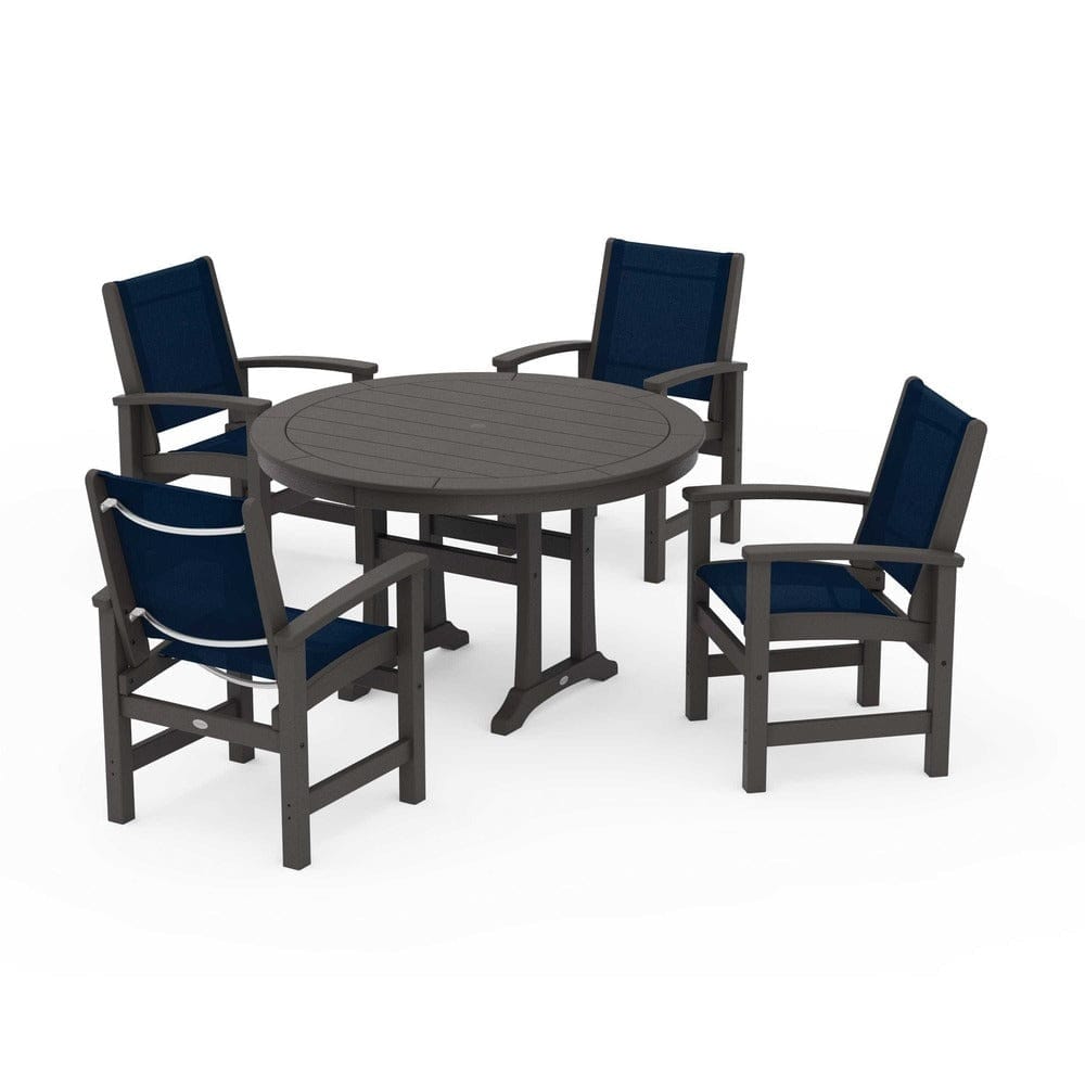 POLYWOOD® Outdoor Furniture Vintage Coffee / Navy Blue Sling POLYWOOD® - Coastal 5-Piece Round Dining Set with Trestle Legs - PWS1119