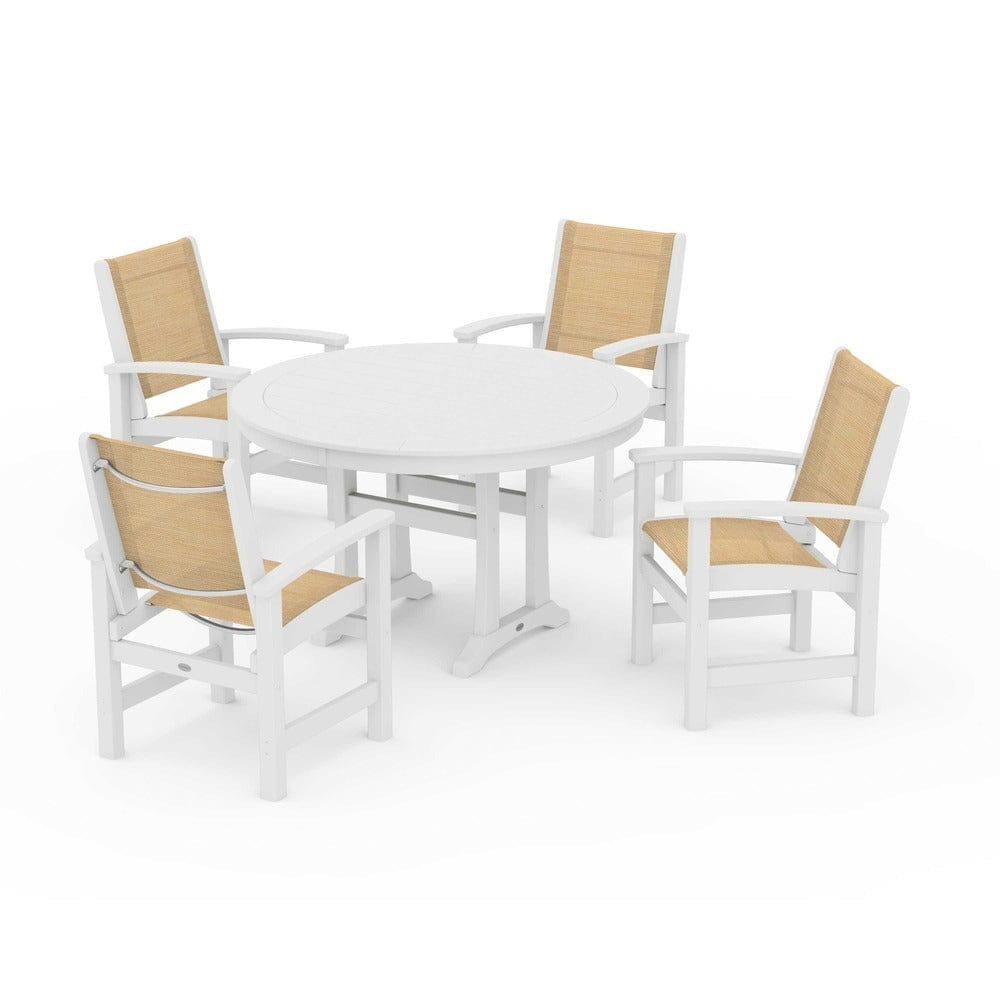 POLYWOOD® Outdoor Furniture White / Dupioni Apricot Sling POLYWOOD® - Coastal 5-Piece Round Dining Set with Trestle Legs - PWS1119