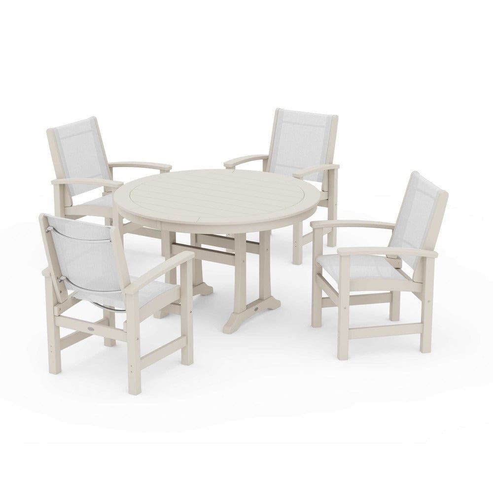 POLYWOOD® Outdoor Furniture Sand / White Sling POLYWOOD® - Coastal 5-Piece Round Dining Set with Trestle Legs - PWS1119