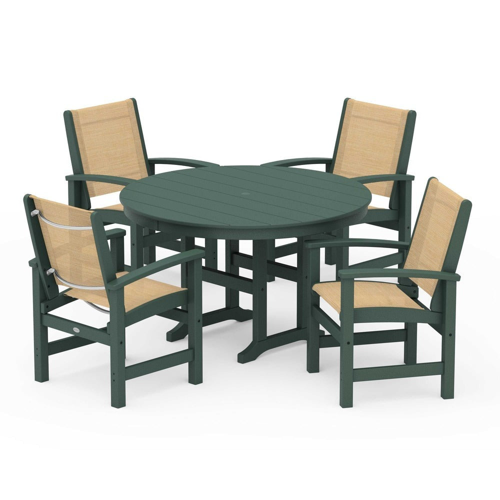 POLYWOOD® Outdoor Furniture Green / Dupioni Apricot Sling POLYWOOD® Coastal 5-Piece Round Farmhouse Dining Set - PWS155