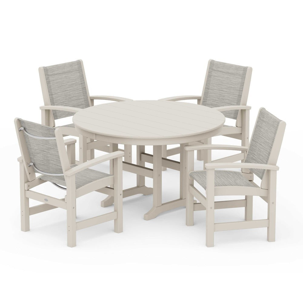 POLYWOOD® Outdoor Furniture Sand / Birch Sling POLYWOOD® Coastal 5-Piece Round Farmhouse Dining Set - PWS155