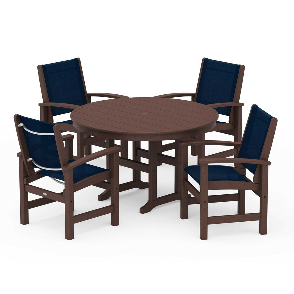 POLYWOOD® Outdoor Furniture Mahogany / Navy Blue Sling POLYWOOD® Coastal 5-Piece Round Farmhouse Dining Set - PWS155