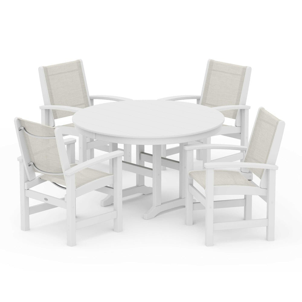 POLYWOOD® Outdoor Furniture White / Parchment Sling POLYWOOD® Coastal 5-Piece Round Farmhouse Dining Set - PWS155