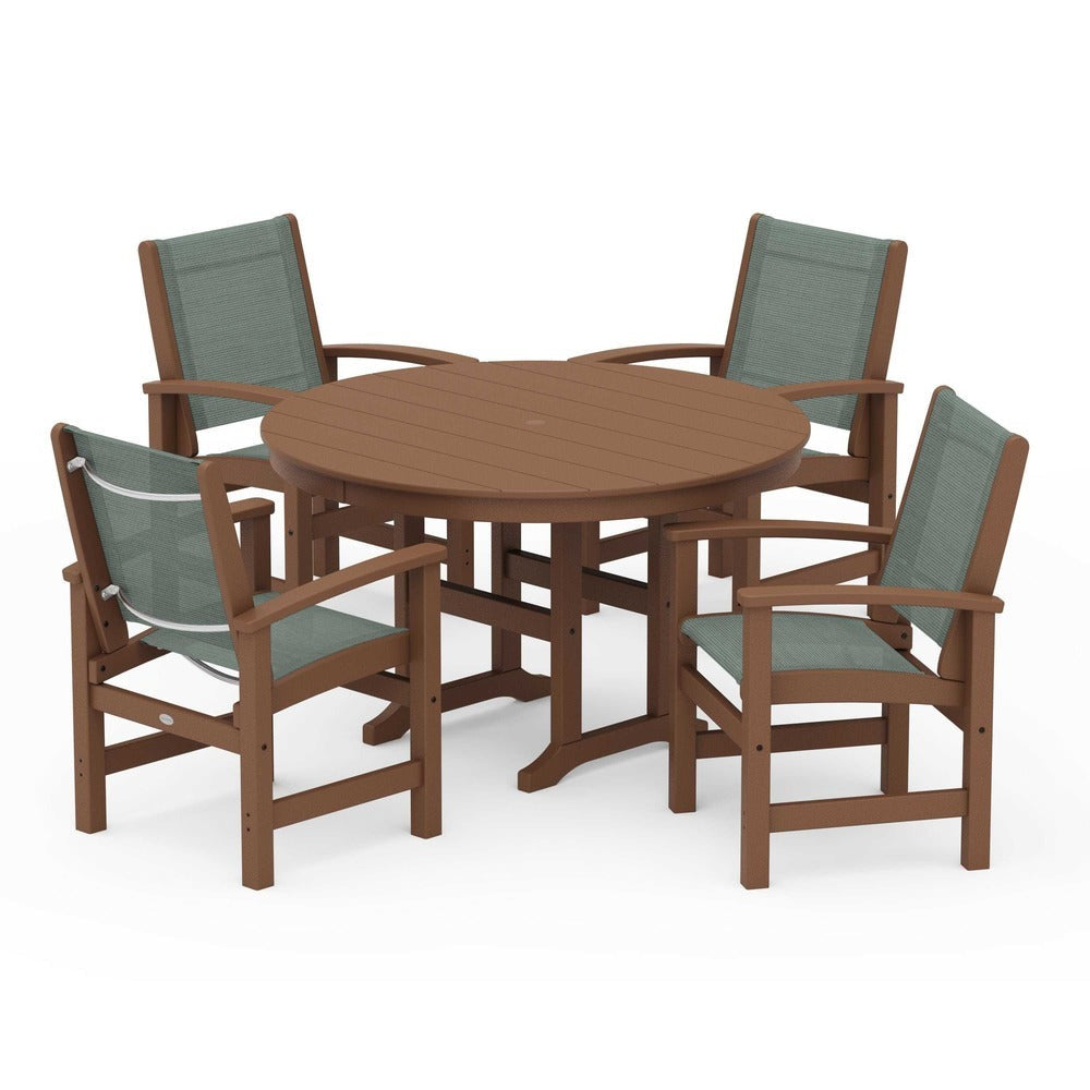 POLYWOOD® Outdoor Furniture Teak / Dupioni Sea Mist Sling POLYWOOD® Coastal 5-Piece Round Farmhouse Dining Set - PWS155
