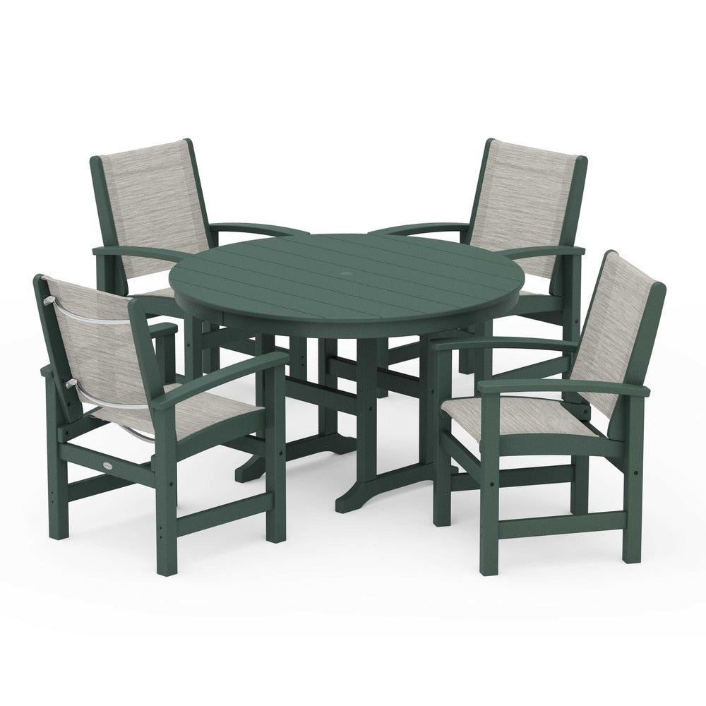 POLYWOOD® Outdoor Furniture Green / Birch Sling POLYWOOD® Coastal 5-Piece Round Farmhouse Dining Set - PWS155