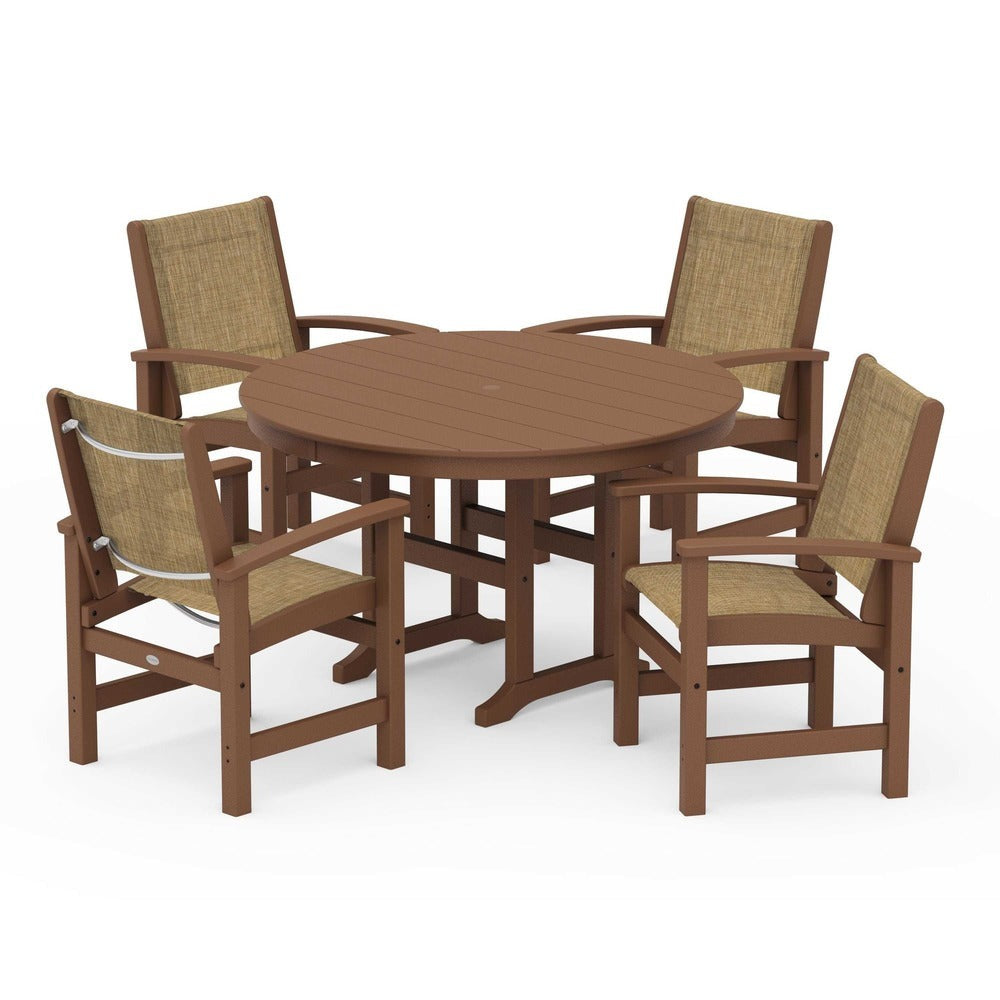POLYWOOD® Outdoor Furniture Teak / Burlap Sling POLYWOOD® Coastal 5-Piece Round Farmhouse Dining Set - PWS155