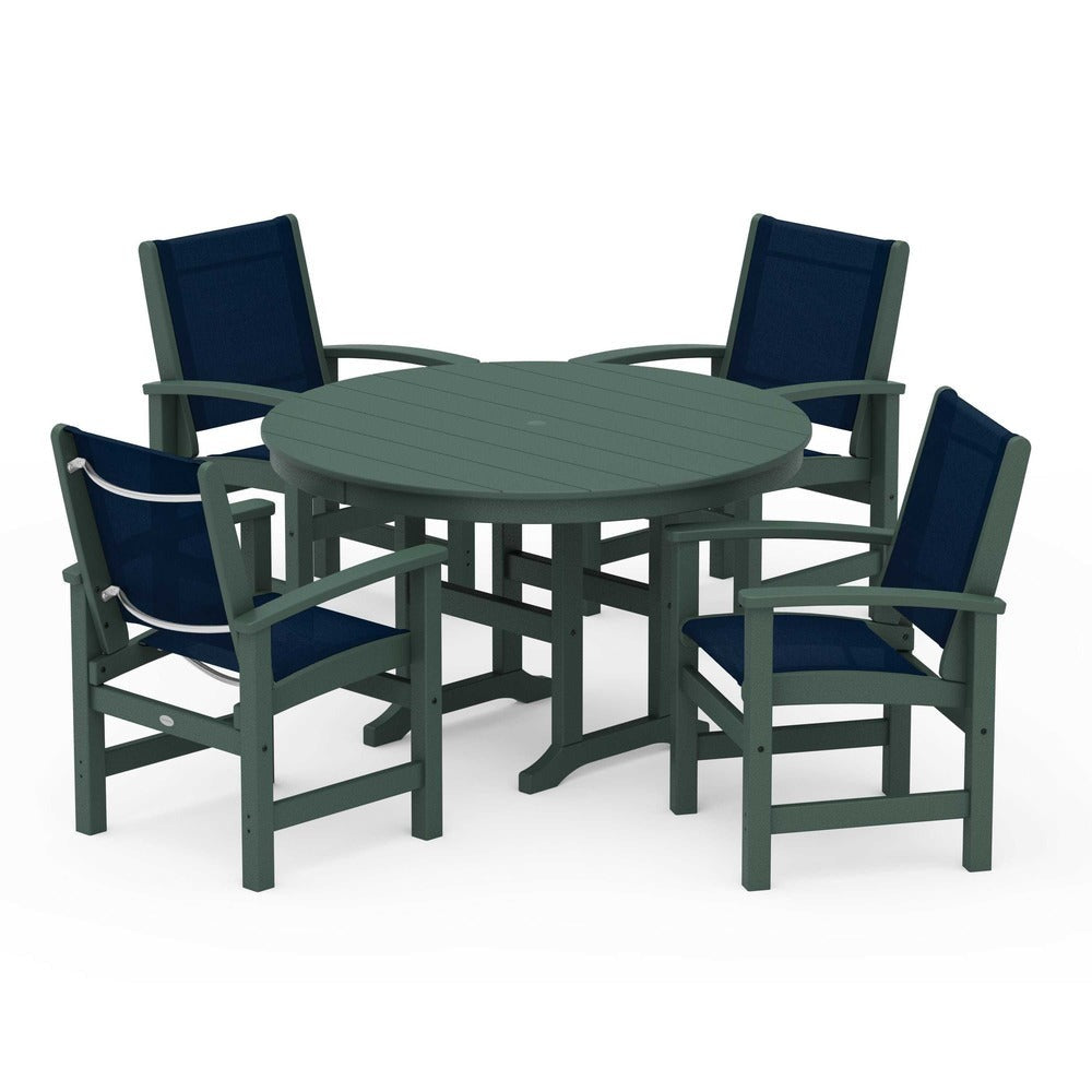 POLYWOOD® Outdoor Furniture Green / Navy Blue Sling POLYWOOD® Coastal 5-Piece Round Farmhouse Dining Set - PWS155