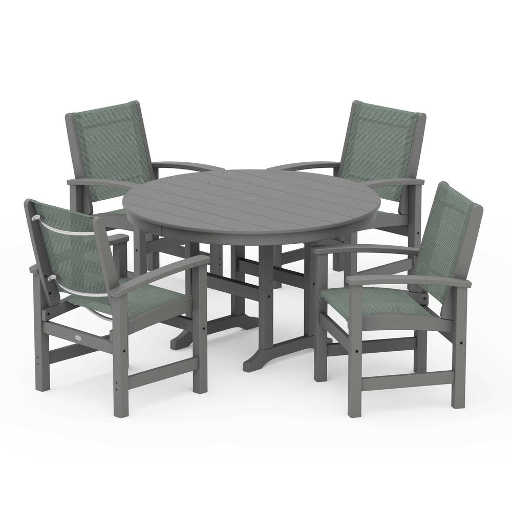 POLYWOOD® Outdoor Furniture Slate Grey / Dupioni Sea Mist Sling POLYWOOD® Coastal 5-Piece Round Farmhouse Dining Set - PWS155