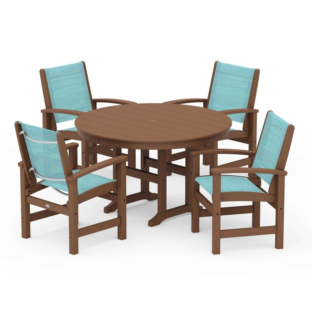 POLYWOOD® Outdoor Furniture Teak / Dupioni Aquamarine Sling POLYWOOD® Coastal 5-Piece Round Farmhouse Dining Set - PWS155