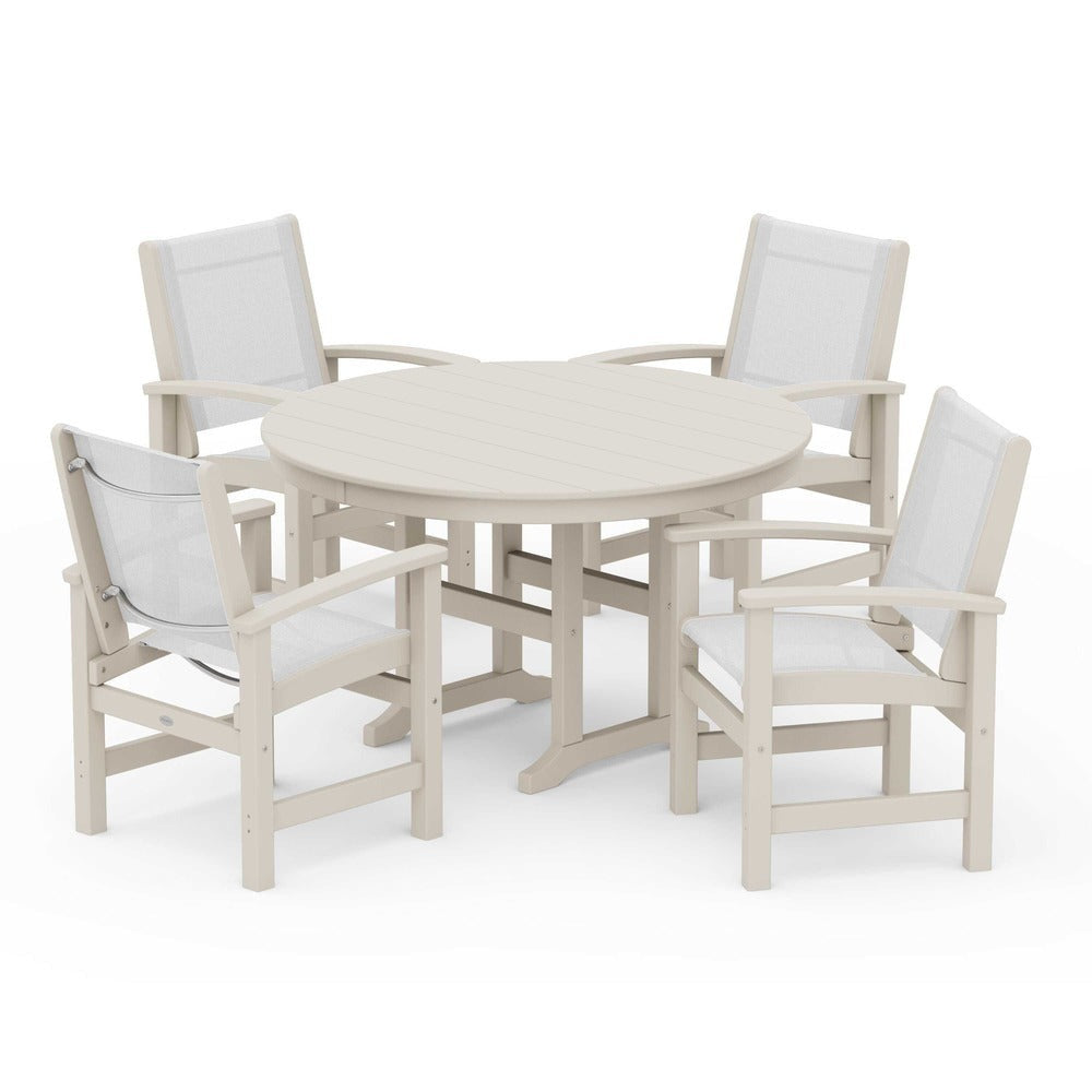 POLYWOOD® Outdoor Furniture Sand / White Sling POLYWOOD® Coastal 5-Piece Round Farmhouse Dining Set - PWS155