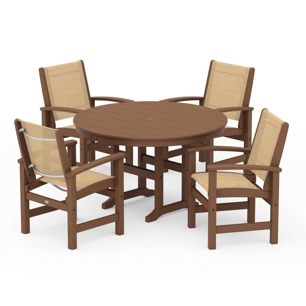 POLYWOOD® Outdoor Furniture Teak / Dupioni Apricot Sling POLYWOOD® Coastal 5-Piece Round Farmhouse Dining Set - PWS155