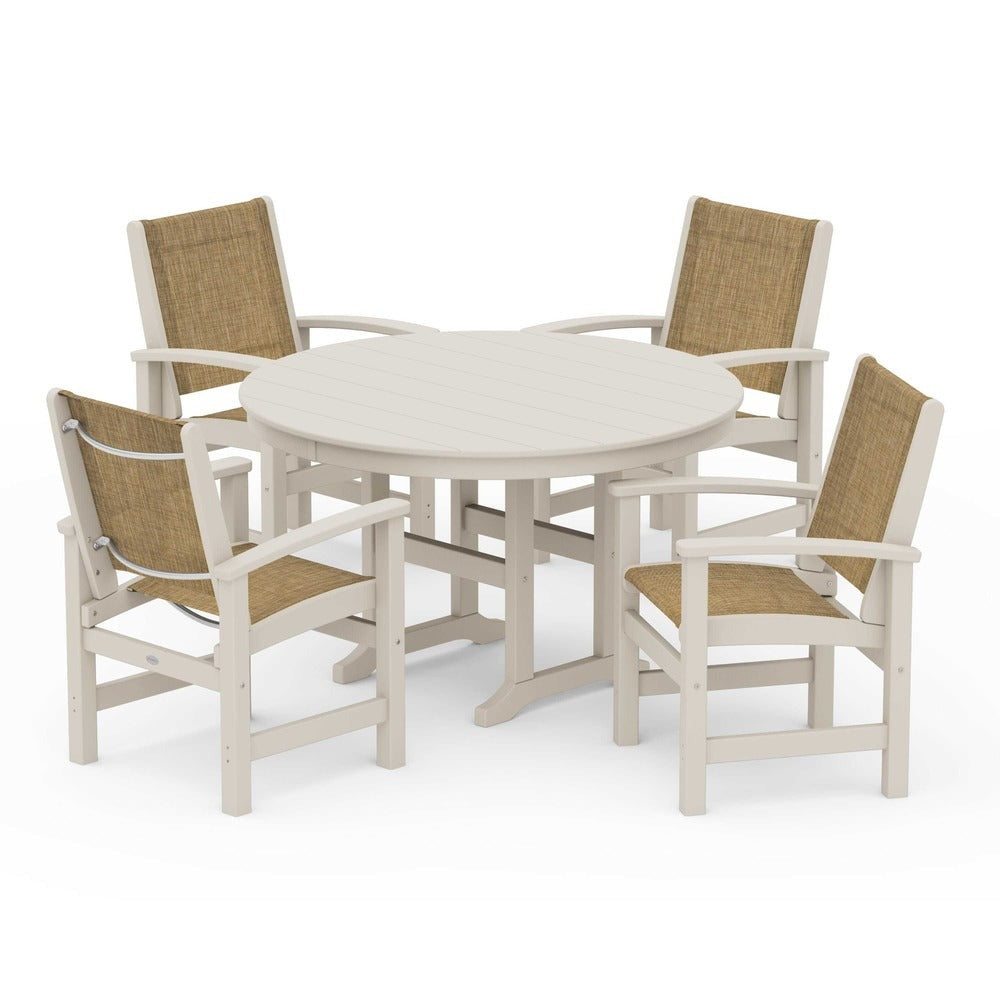 POLYWOOD® Outdoor Furniture Sand / Burlap Sling POLYWOOD® Coastal 5-Piece Round Farmhouse Dining Set - PWS155