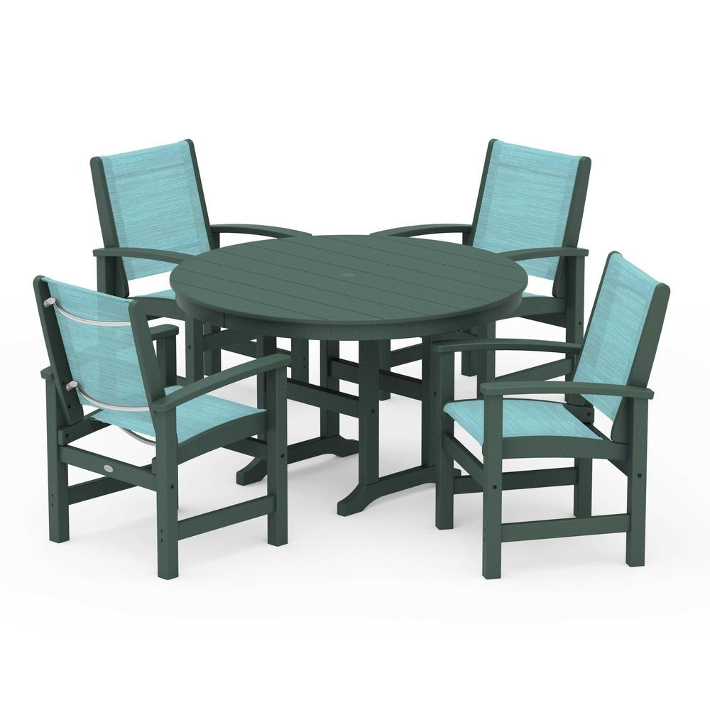 POLYWOOD® Outdoor Furniture Green / Dupioni Aquamarine Sling POLYWOOD® Coastal 5-Piece Round Farmhouse Dining Set - PWS155