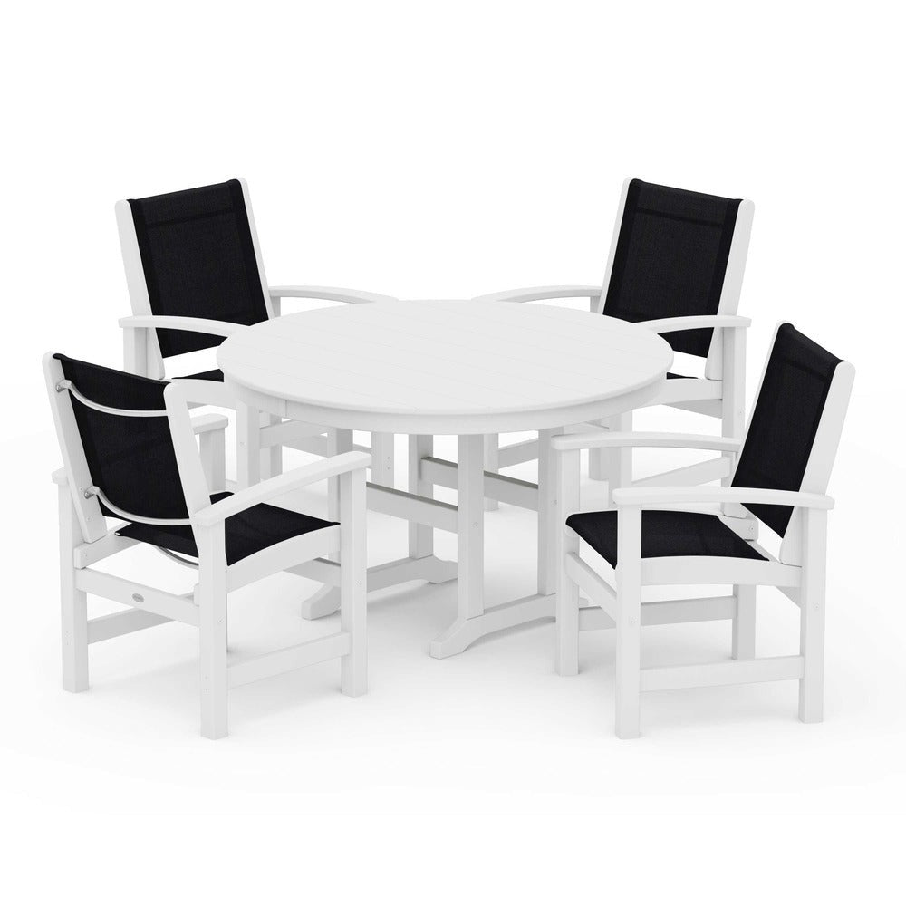 POLYWOOD® Outdoor Furniture White / Black Sling POLYWOOD® Coastal 5-Piece Round Farmhouse Dining Set - PWS155