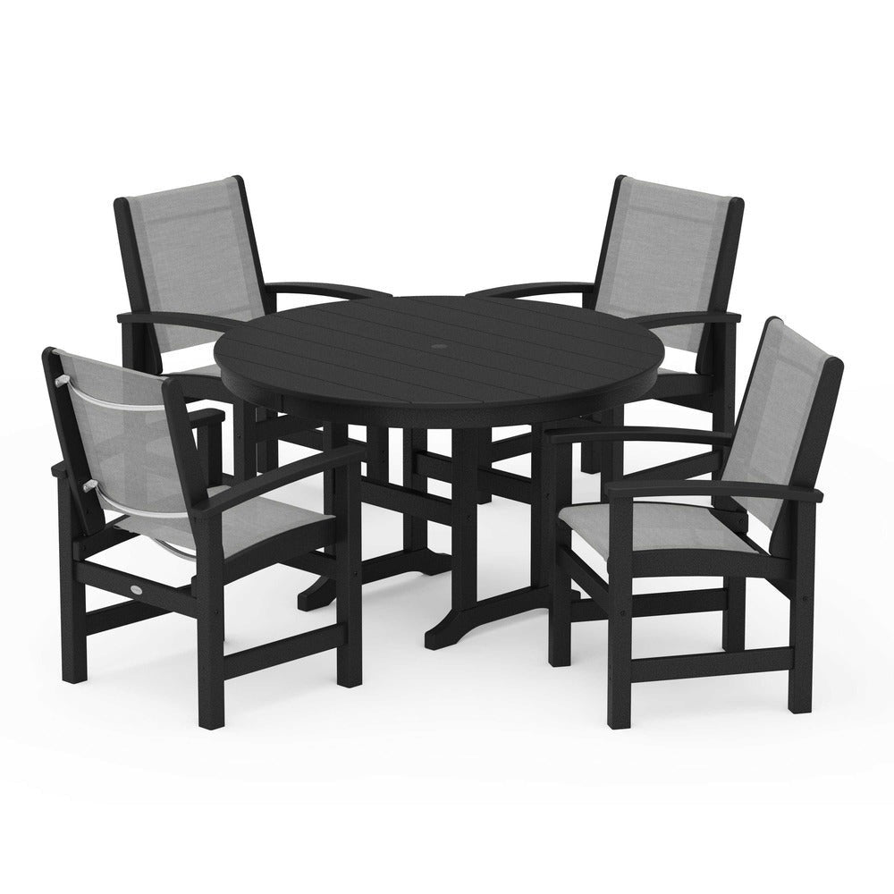 POLYWOOD® Outdoor Furniture Black / Metallic Sling POLYWOOD® Coastal 5-Piece Round Farmhouse Dining Set - PWS155