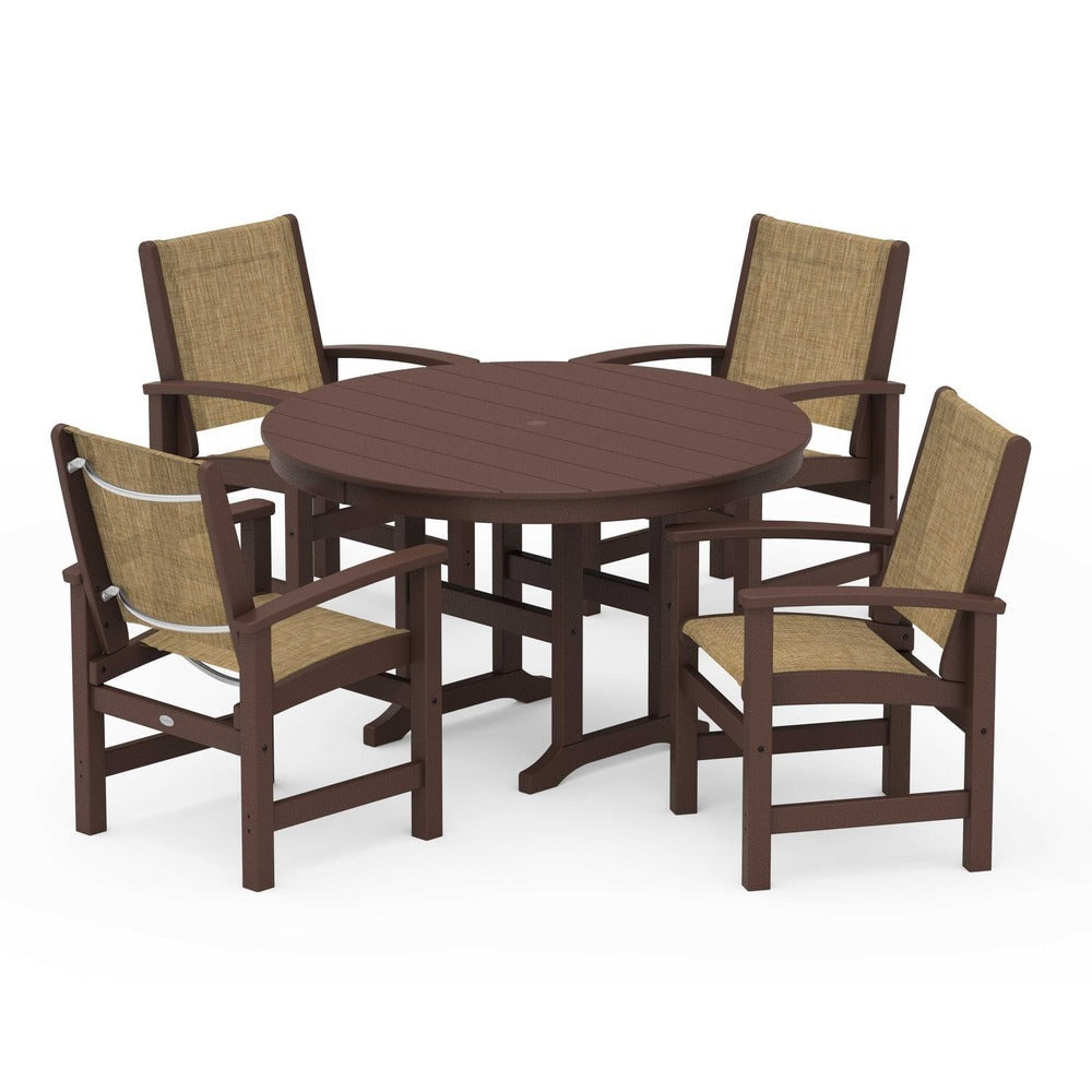 POLYWOOD® Outdoor Furniture Mahogany / Burlap Sling POLYWOOD® Coastal 5-Piece Round Farmhouse Dining Set - PWS155
