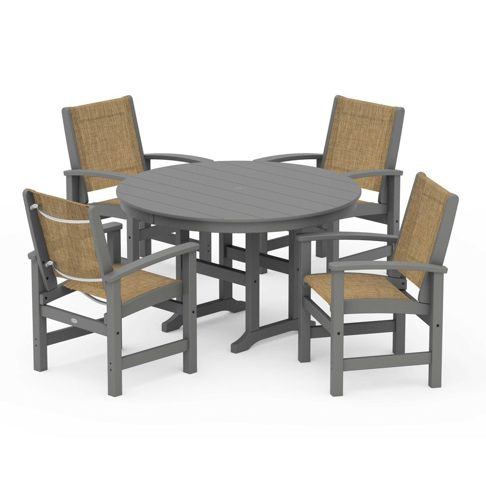 POLYWOOD® Outdoor Furniture Slate Grey / Burlap Sling POLYWOOD® Coastal 5-Piece Round Farmhouse Dining Set - PWS155