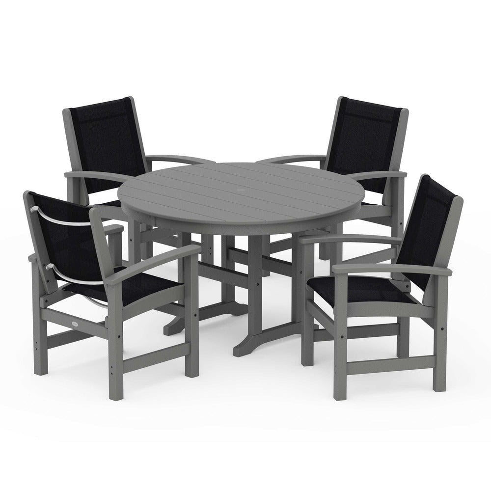 POLYWOOD® Outdoor Furniture Slate Grey / Black Sling POLYWOOD® Coastal 5-Piece Round Farmhouse Dining Set - PWS155