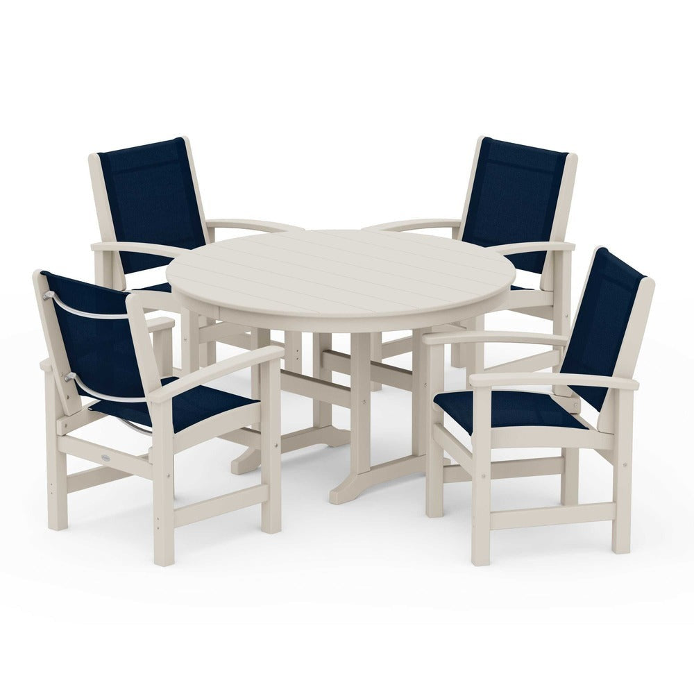 POLYWOOD® Outdoor Furniture Sand / Navy Blue Sling POLYWOOD® Coastal 5-Piece Round Farmhouse Dining Set - PWS155