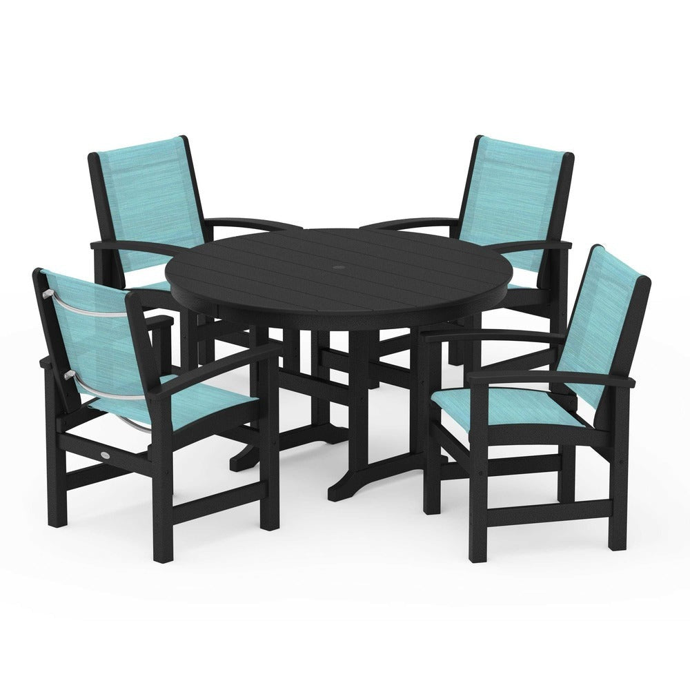 POLYWOOD® Outdoor Furniture Black / Dupioni Aquamarine Sling POLYWOOD® Coastal 5-Piece Round Farmhouse Dining Set - PWS155