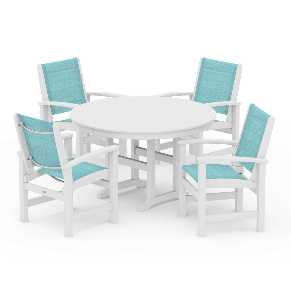 POLYWOOD® Outdoor Furniture White / Dupioni Aquamarine Sling POLYWOOD® Coastal 5-Piece Round Farmhouse Dining Set - PWS155
