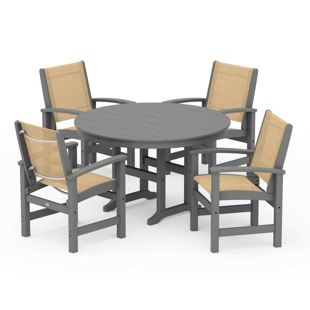 POLYWOOD® Outdoor Furniture Slate Grey / Dupioni Apricot Sling POLYWOOD® Coastal 5-Piece Round Farmhouse Dining Set - PWS155