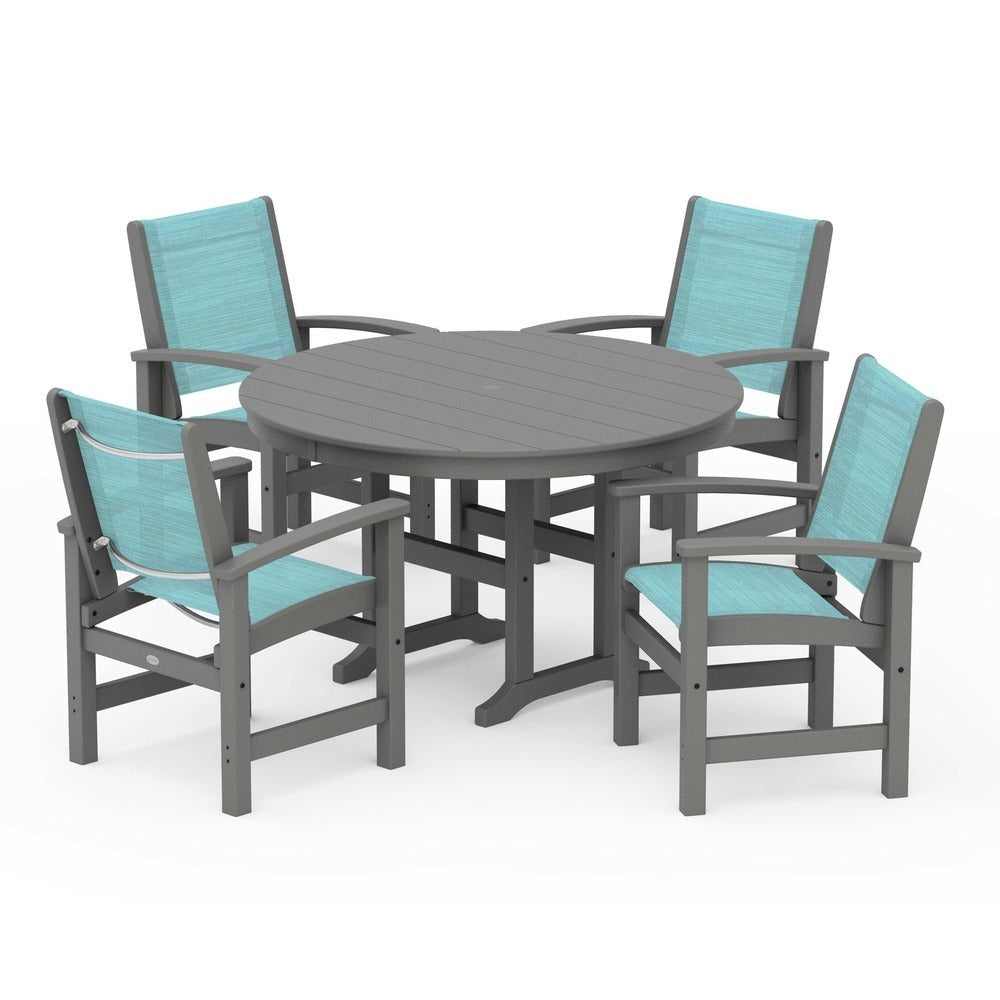POLYWOOD® Outdoor Furniture Slate Grey / Dupioni Aquamarine Sling POLYWOOD® Coastal 5-Piece Round Farmhouse Dining Set - PWS155