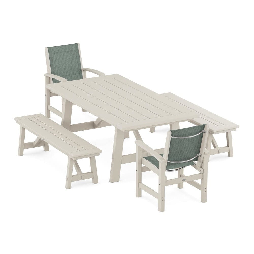 POLYWOOD® Outdoor Furniture Sand / Dupioni Sea Mist Sling POLYWOOD® - Coastal 5-Piece Rustic Farmhouse Dining Set With Benches - PWS1077