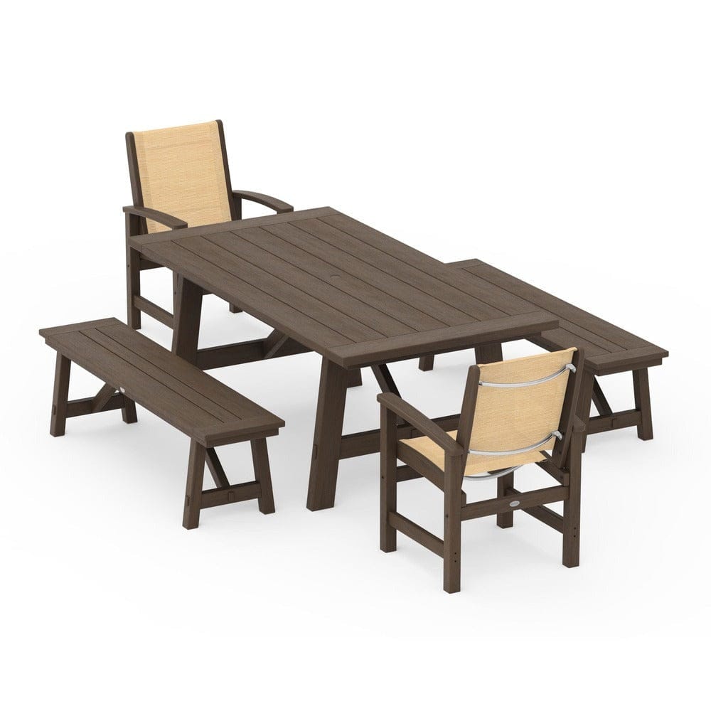 POLYWOOD® Outdoor Furniture POLYWOOD® - Coastal 5-Piece Rustic Farmhouse Dining Set With Benches - PWS1077