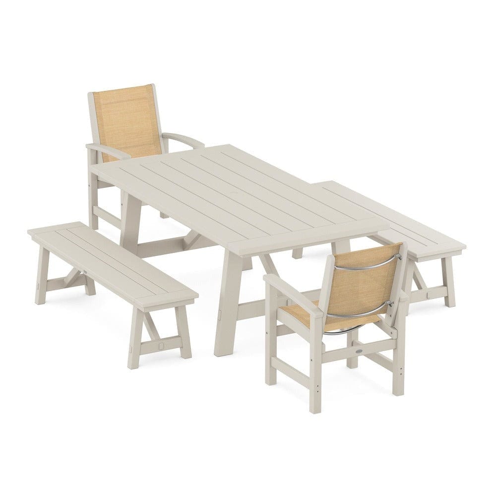 POLYWOOD® Outdoor Furniture Sand / Dupioni Apricot Sling POLYWOOD® - Coastal 5-Piece Rustic Farmhouse Dining Set With Benches - PWS1077