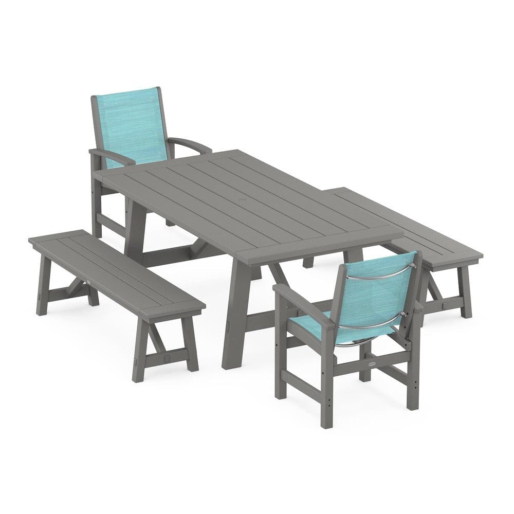POLYWOOD® Outdoor Furniture Slate Grey / Dupioni Aquamarine Sling POLYWOOD® - Coastal 5-Piece Rustic Farmhouse Dining Set With Benches - PWS1077