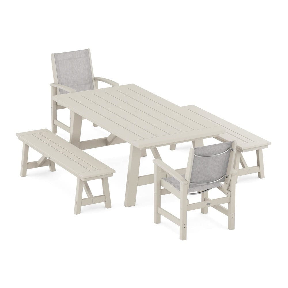 POLYWOOD® Outdoor Furniture Sand / Parchment Sling POLYWOOD® - Coastal 5-Piece Rustic Farmhouse Dining Set With Benches - PWS1077