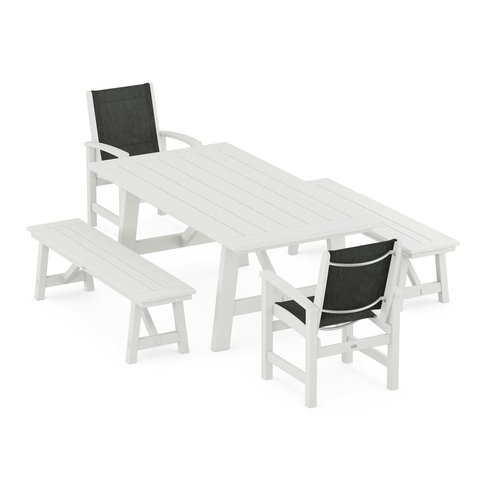 POLYWOOD® Outdoor Furniture POLYWOOD® - Coastal 5-Piece Rustic Farmhouse Dining Set With Benches - PWS1077