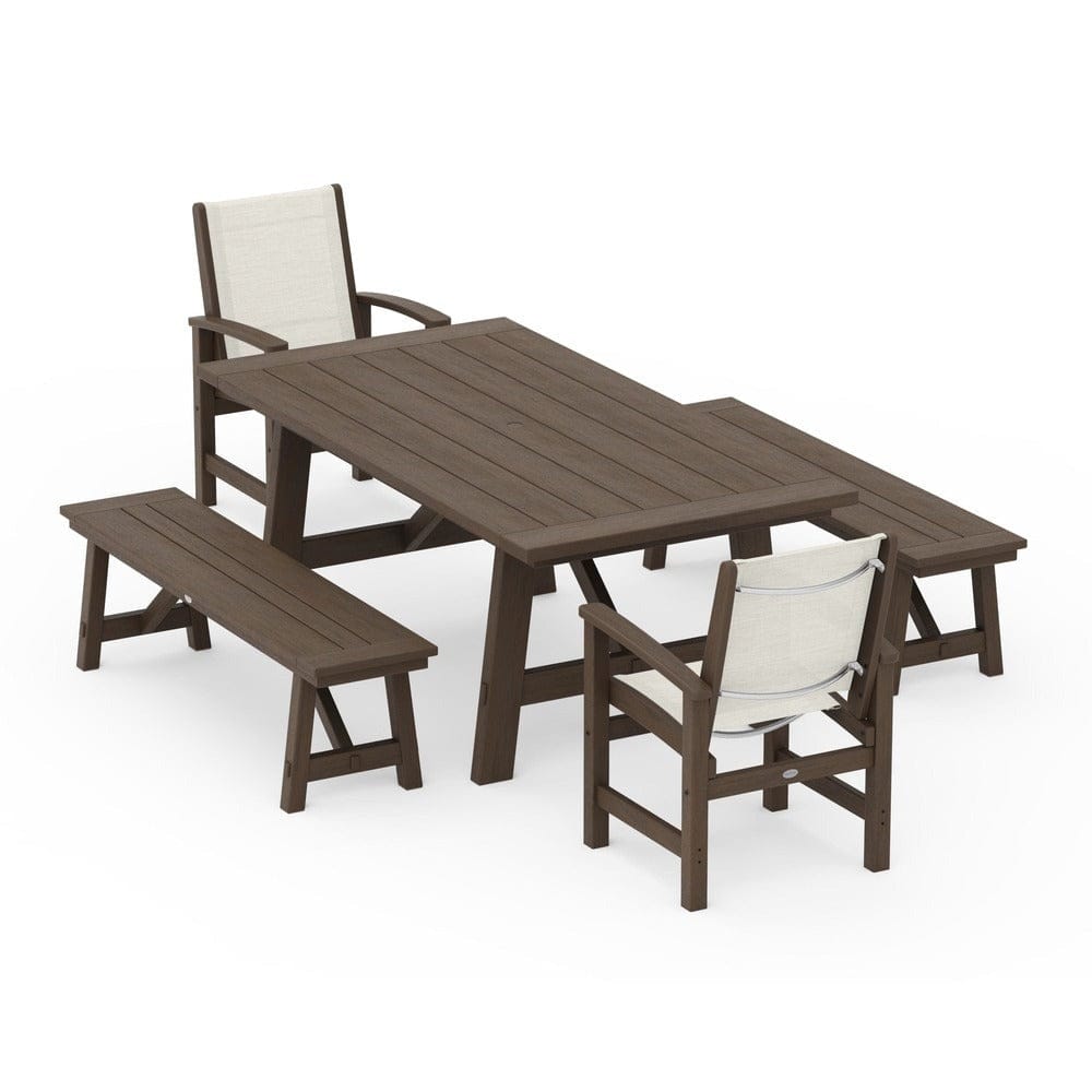 POLYWOOD® Outdoor Furniture POLYWOOD® - Coastal 5-Piece Rustic Farmhouse Dining Set With Benches - PWS1077