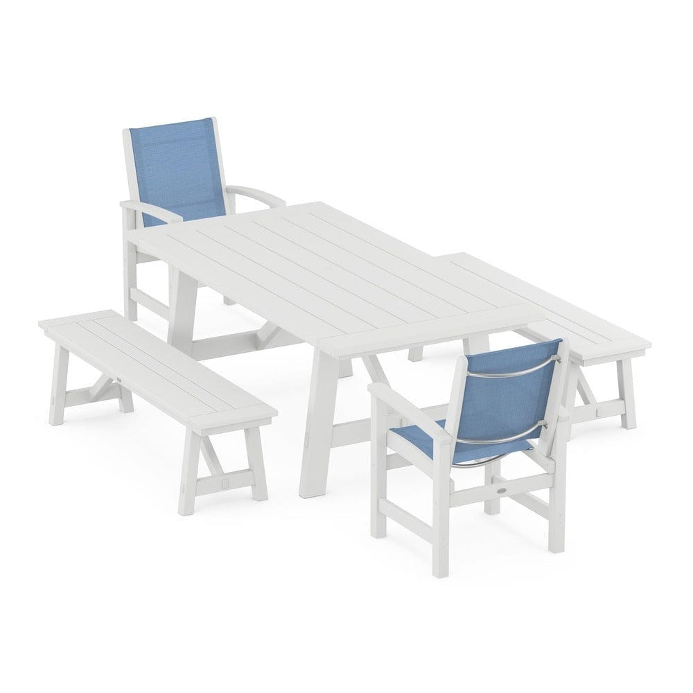 POLYWOOD® Outdoor Furniture White / Poolside Sling POLYWOOD® - Coastal 5-Piece Rustic Farmhouse Dining Set With Benches - PWS1077