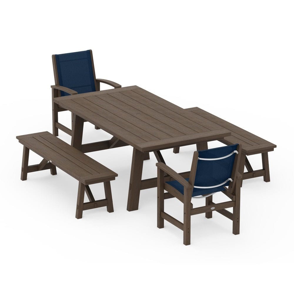 POLYWOOD® Outdoor Furniture POLYWOOD® - Coastal 5-Piece Rustic Farmhouse Dining Set With Benches - PWS1077