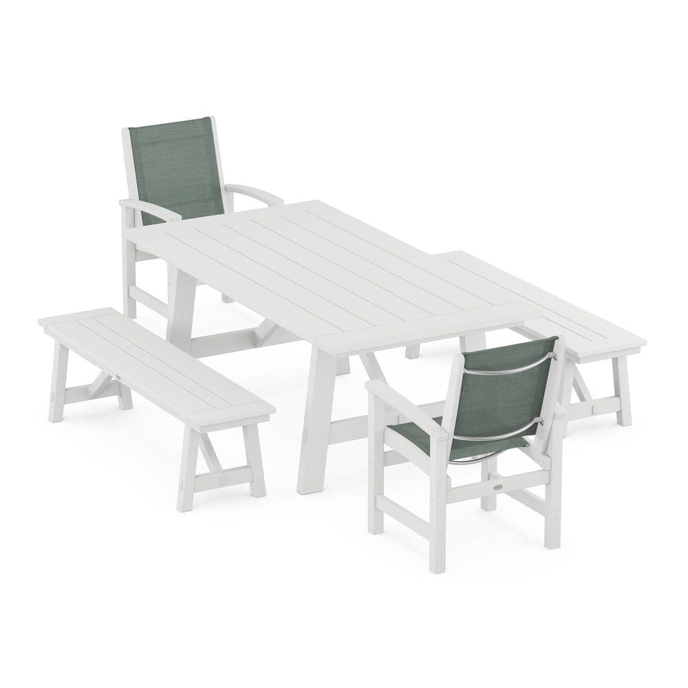POLYWOOD® Outdoor Furniture White / Dupioni Sea Mist Sling POLYWOOD® - Coastal 5-Piece Rustic Farmhouse Dining Set With Benches - PWS1077