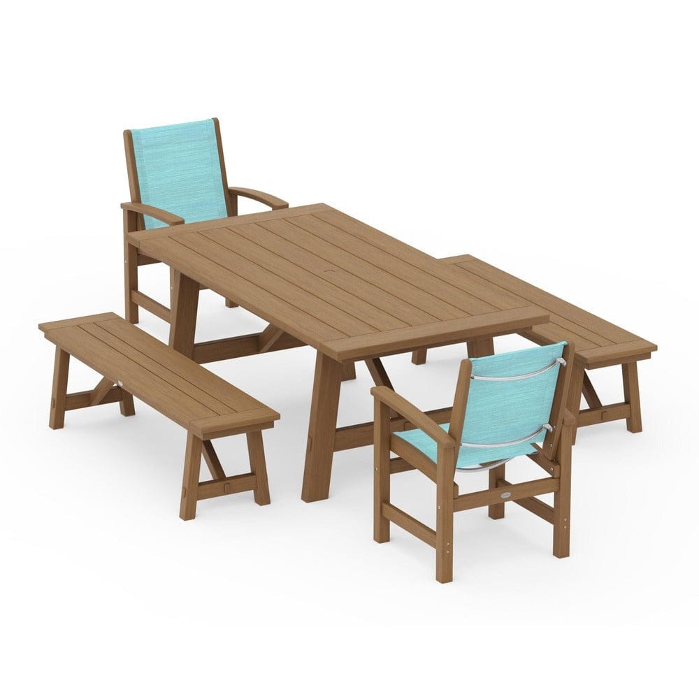 POLYWOOD® Outdoor Furniture POLYWOOD® - Coastal 5-Piece Rustic Farmhouse Dining Set With Benches - PWS1077