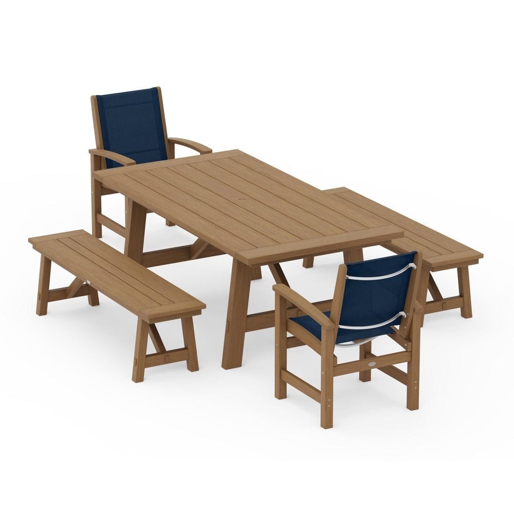 POLYWOOD® Outdoor Furniture POLYWOOD® - Coastal 5-Piece Rustic Farmhouse Dining Set With Benches - PWS1077