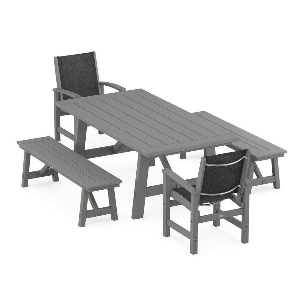 POLYWOOD® Outdoor Furniture Slate Grey / Ember Sling POLYWOOD® - Coastal 5-Piece Rustic Farmhouse Dining Set With Benches - PWS1077