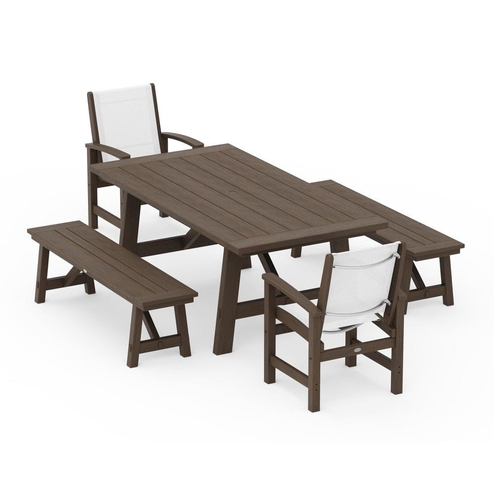 POLYWOOD® Outdoor Furniture POLYWOOD® - Coastal 5-Piece Rustic Farmhouse Dining Set With Benches - PWS1077