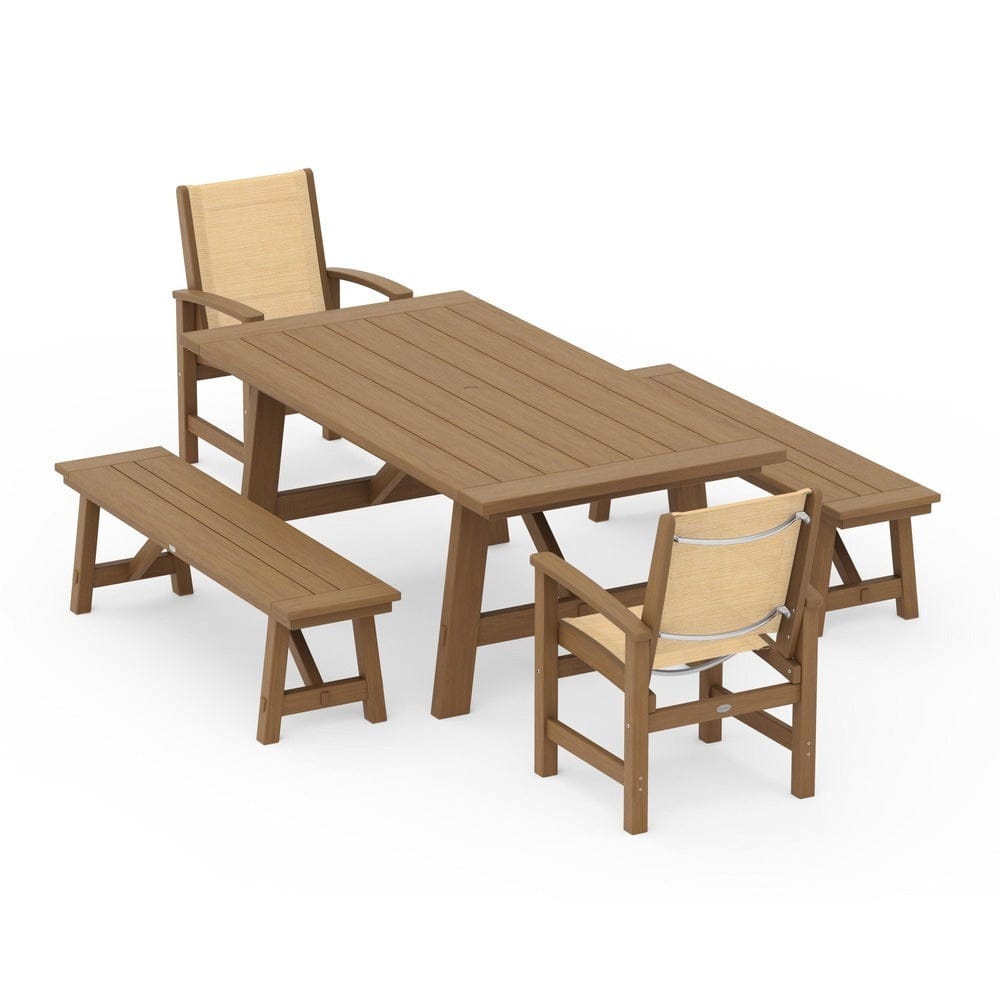 POLYWOOD® Outdoor Furniture POLYWOOD® - Coastal 5-Piece Rustic Farmhouse Dining Set With Benches - PWS1077