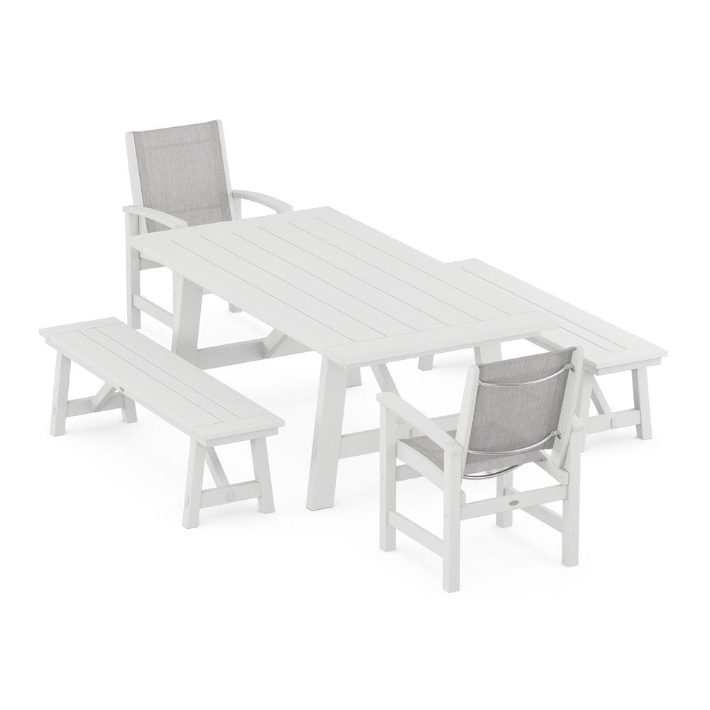 POLYWOOD® Outdoor Furniture White / Parchment Sling POLYWOOD® - Coastal 5-Piece Rustic Farmhouse Dining Set With Benches - PWS1077